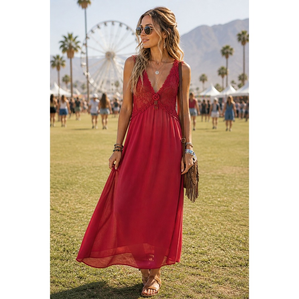 Private Luxuries Red Lace Sheer Slip Dress Boho Festival Coverup Midi M Coquette